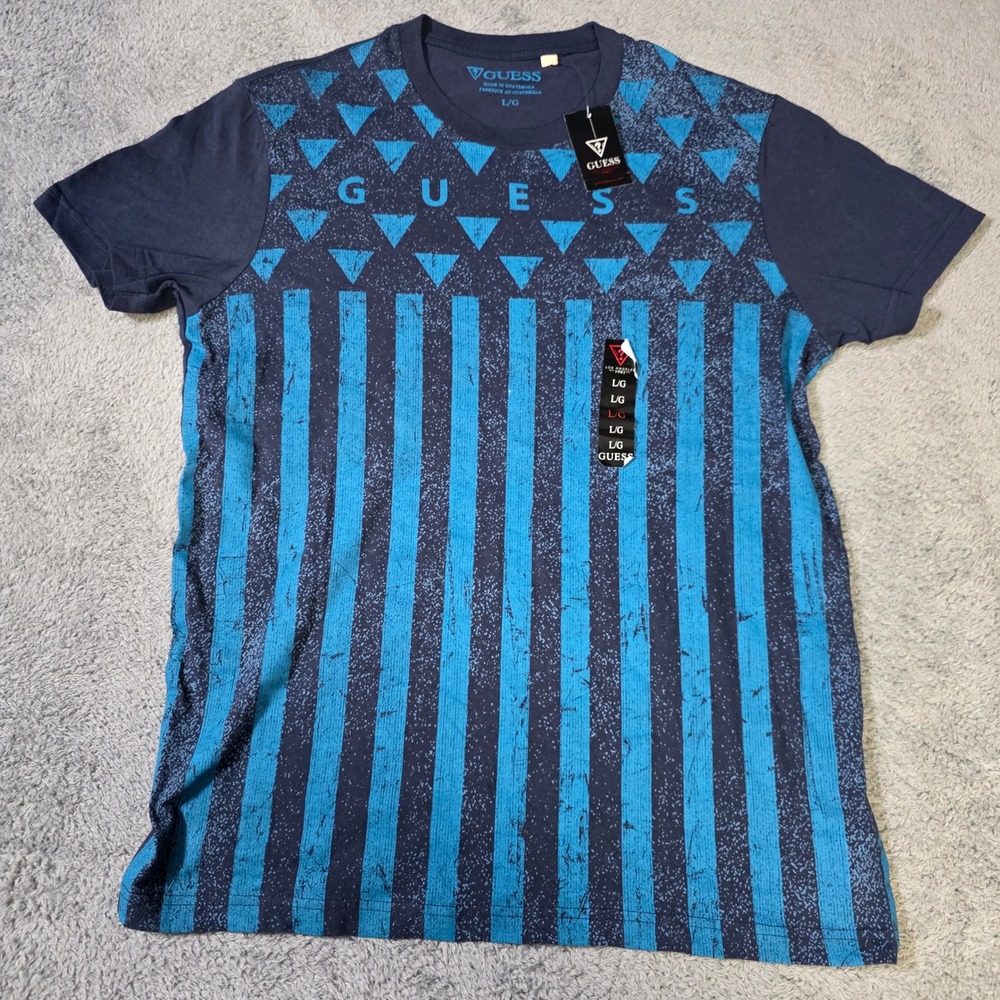 Guess Mens Large T-Shirt Officer Blue Macfarlane Print Geometric Striped Logo
